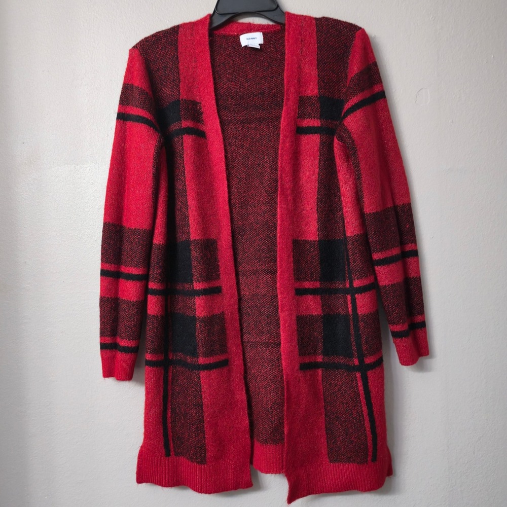 Old Navy Womens Red Black Buffalo Plaid Longline Open Front Cardigan Sweater S